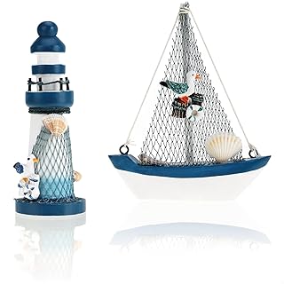 com-four® 2-teiliges maritimes Deko-Set – Segelschiff und Leuchtturm aus Holz im Used-Look (2 St…
