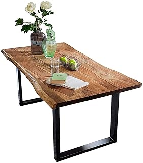SAM Baumkantentisch 140×80 cm Quarto, Akazienholz massiv + nussbaumfarben, Esstisch mit schwarzem…