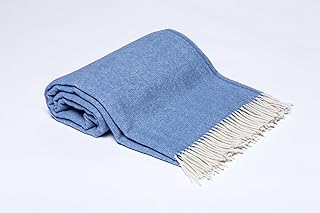 Wolldecke aus 100% Reine Merinowolle, 140x200cm, Blau/Beige I Weicher, Einfarbige Decke aus Schur…