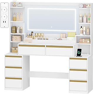 Schminktisch mit Großer Spiegel, Frisiertisch und Haartrocknerhalter, 8 Schubladen, Offenen Fäc…