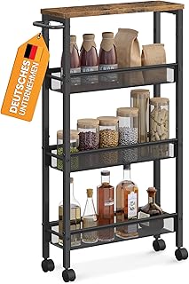 VASAGLE Rollwagen 4 Ebenen, Küchenwagen schmal, Nischenregal auf Rollen, Stahl, Griff, für klei…