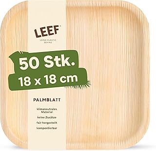 Leef 50x Palmblatt Teller eckig – Einweggeschirr kompostierbar und naturbelassen – 18 x 18 cm – u…
