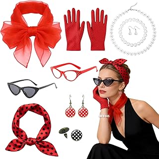 10TLG Rockabilly Accessoires Damen, 50er Jahre Kostüm Zubehör Set mit Chiffon Schal Handschuhe …