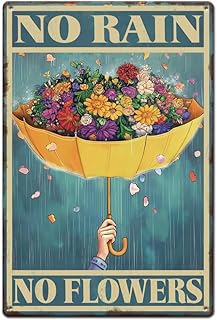 SUPERDANT Blechschild Mit Regenschirm Und Blumen Blechschilder Retro No Rain No Flowers Blechschi…