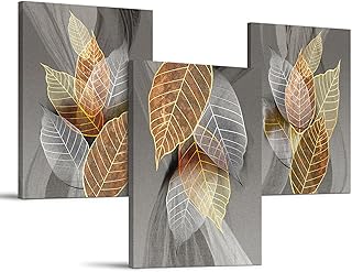 hyidecorart Bilder Schlafzimmer 50×70 cm 3er Set Wanddeko Gold Abstract Blätter, Modern Bilder m…