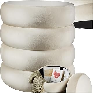 tectake® Hocker mit Stauraum, Scandi Sitzhocker Samt Stoff, Pouf, Polsterhocker rund für Schmin…