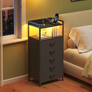 CAIYUN Nachttisch mit Ladestation, hohe Schwarze Kommode für das Schlafzimmer, Nachttisch mit LE…