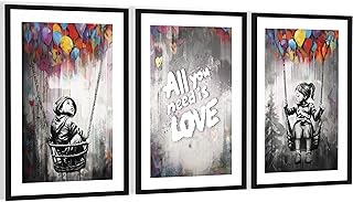 Novart Wandbilder mit Rahmen Banksy Style Kinder – Wohnzimmer Schlafzimmer Flur Wanddeko – 3 Bild…