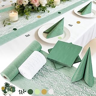 Tischdeko Set Eukalyptus Grün, Vlies Tischläufer + Spitzenband Weiß + 40 Servietten + 100 Stre…