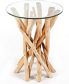 invicta INTERIOR Design Teakholz Couchtisch Beistelltisch Driftwood mit Glasplatte rund Glastisch…