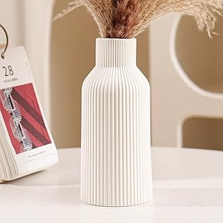 Vase für Pampasgras，20cm Keramik Vase Weiß Matt Rund Modern Design, Boho Style for deko Aesth…