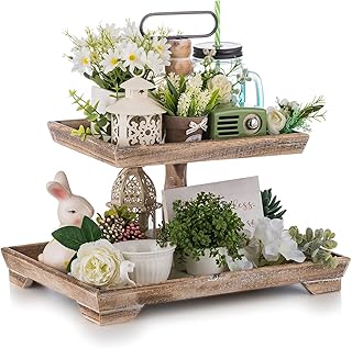 Hanobe Deko Tablett Etagere Holz: Braun Holztablett Groß Rechteckig mit 2 Ebenen Bauernhaus Deko…