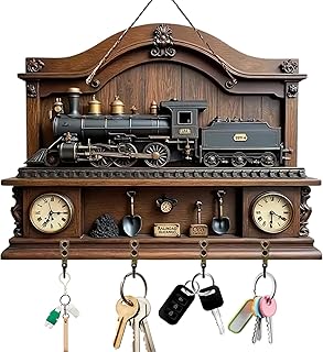 Vintage Dampflok Schlüsselbrett Ohne Bohren, Retro Eisenbahn Schlüsselhalter aus Holz, Wanddeko…