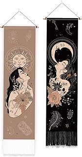 PLIGREAT 2er Pack Boho Sonne Mond Wandteppich Vintage vertikaler Wandbehang mit Quasten Ästhetis…