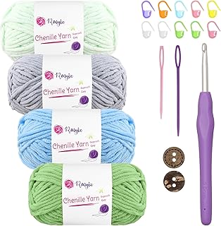 Chenille Wolle zum Häkeln 4x50g(60m/rolle) Flauschige Chenille Garn-Set mit 5mm Häkelnadel & Ac…