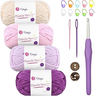Chenille Wolle zum Häkeln 4x50g(60m/rolle) Flauschige Chenille Garn-Set mit 5mm Häkelnadel & Ac…