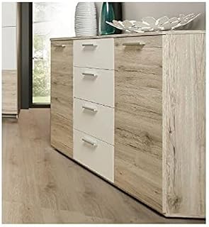 FORTE Beach Kommode mit 2 Türen und 4 Schubladen, Holzwerkstoff, Sandeiche / Weiß, 48 x 91,3 x …