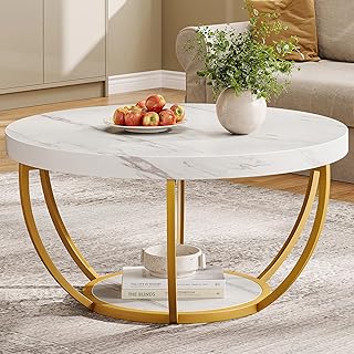 Tribesigns moderner runder Couchtisch, 2-stöckiger Couchtisch mit weißem Marmor und goldenen Me…
