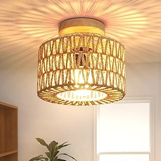 FRIDEKO HOME Deckenlampe Holz Ø22cm,Deckenleuchte Boho Vintage mit Rattan Lampenschirm Hängelam…