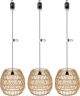3x Rattan Hängelampe mit Batterie Außen Innen Hängeleuchte Batteriebetriebene Lampe Tragbare B…