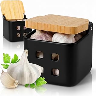 Knoblauch Dose – Keramik mit deckel aus Bambusholz – Knoblauch Aufbewahrung mit belüftungslöche…
