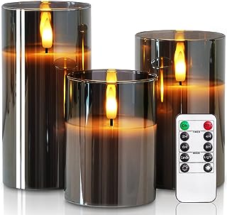 Homemory Grau Glas Flammenlose Kerzen, Batteriebetriebene LED Stumpenkerzen mit Fernbedienung und…