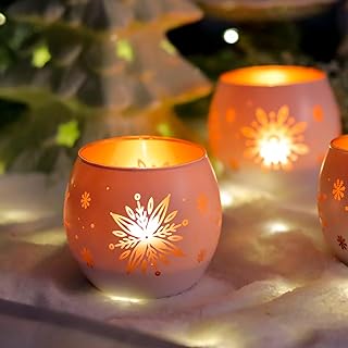 4er Set Glas Kerzenhalter mit Schneeflocken-Lasergravur – Kleiner Teelichthalter Weiß Gold, Weih…