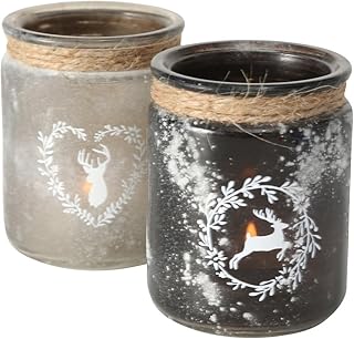 ReWu Windlicht Hirsch Kerzenhalter Teelichthalter Hirsch-Motiv Glas Matt Kerzenhalter 2-er Set Be…
