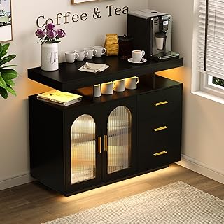 FREDEES LED Küchenschrank mit Ladefunktion, küchenbuffet mit 3 Schubladen und RGB Licht, Holz S…