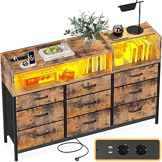ODK Kommode mit Schubladen, Komodenschrank mit 2 Steckdosen, 2 USB und 10 Farbigen LED-Streifen, …