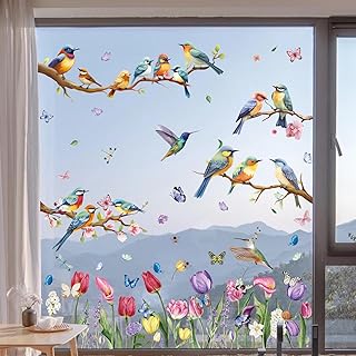 Hianjoo Fensterbilder Frühling Deko Selbstklebend, Vogel Blumen Aufkleber Fenster Fensterbilder …