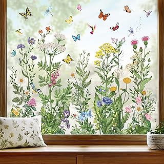 wondever Fenstersticker Frühling Wildblumen Fenster Aufkleber Vintage Blumen Gras Schmetterling …