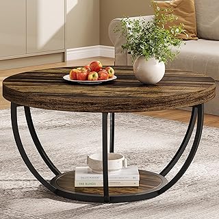 Tribesigns Couchtisch, industrieller runder Couchtisch mit Ablagen, zwei Ebenen, moderner Holzakz…