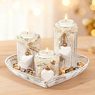 GoMaihe Holz Teelichthalter mit Tablett: 3-teiliges Kerzenständer-Set aus für Hochzeits- und Es…