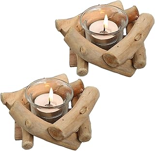 Sziqiqi Rustikale Kerzenständer Teelichthalter Holz 2er Set, Kerzenhalter Vintage mit Glas Tasse…