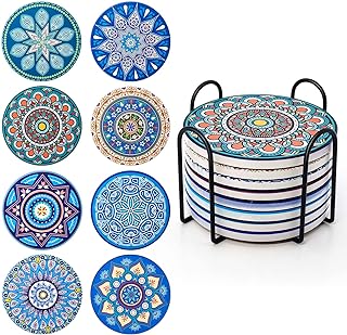 Untersetzer Getränke-8er Set Saugfähig Kork Keramik Glasuntersetzer,mit Metallhalter 4 Zoll Man…