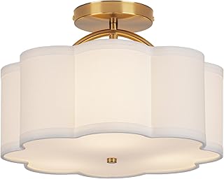 CALOKES Deckenleuchte, 3-flammig, 30 cm, mit cremeweißem Stoffschirm in Blütenform & goldenem…