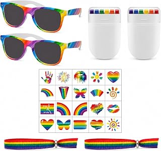 Pride Accessoires Set für CSD & LGBTQ Outfit – 2 Regenbogen Sonnenbrillen, 2 Regenbogen Schmin…