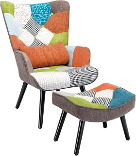 Patchwork Ohrensessel mit Hocker Massivholzbeine Lendenstützkissen | Bunter bequemer Lesesessel,…