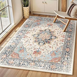 INOVADAY Vintage Waschbarer Teppich Wohnzimmer 90×150 cm Boho Kurzflor rutschfest Teppich Weich T…