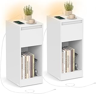 VASAGLE Nachttisch 2er Set, schmal, Beistelltisch, LED-Beleuchtung, 1 USB-A-Anschluss, 1 USB-C-An…