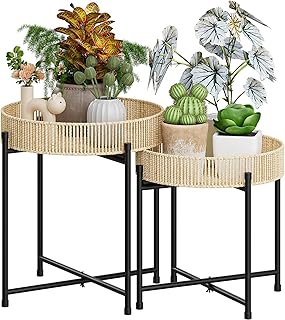 Bamworld Beistelltisch 2er Set Rund Boho Beistelltische mit Rattan Tablett & Metall Gestell Klein…