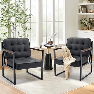 COLAMY Ohrensessel Sessel Wohnzimmer 2er Set, Leder Accent Chair, Mid Century Modern Kunstleder E…