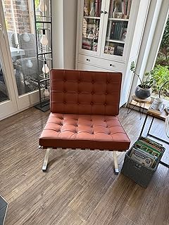 Moderner Ledersessel für Wohnzimmer mit poliertem Edelstahlgestell (Cognac)