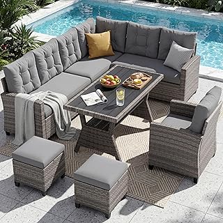 UDPATIO Rattan Gartenmöbel Set, Lounge Ecksofa mit Esstisch, Sessel & 2 Hocker, Wetterfest bis 8…