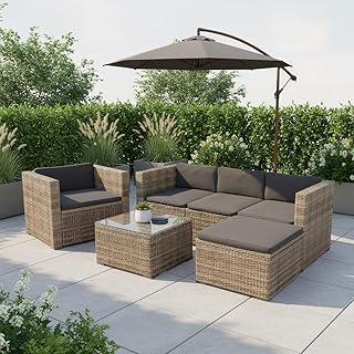 Juskys Polyrattan Lounge Punta Cana L für 4-5 Personen mit 3er Sofa, Sessel, Hocker, Tisch & Kis…