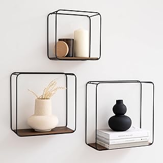Kazai. Wandregal-Set -Jona- | 3-Teiliges Hängeregal aus Metall und Echtholz-Veneer | Wanddeko un…
