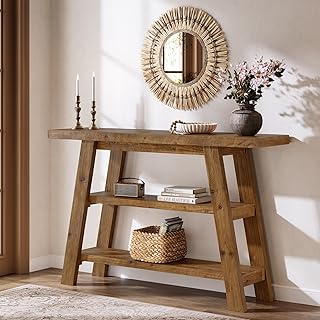 Massivholz-Konsolentisch, 120 cm langer Landhaus-Eingangstisch mit 3-stufigen Regalen, rechteckig…