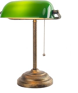 FIRVRE Banker-Schreibtischlampe mit Zugkettenschalter, grüner Glasschirm, E27-Bronzesockel, Vint…