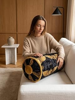 Samtkissen Crush Velvet Dekokissen Rolle Golden Vögel auf Schwarz mit Glanz Länge 40cm